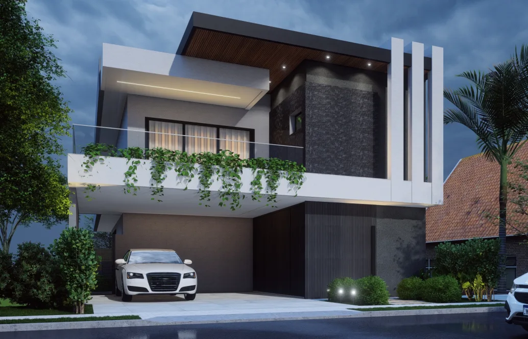Render da residência com cobertura em balanço